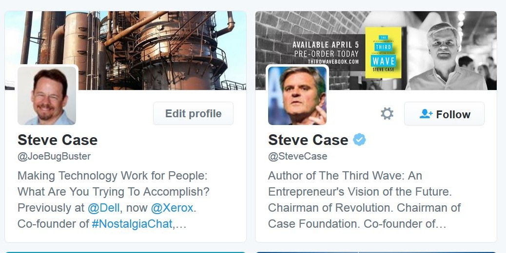 Twitter profiles for two Steve Cases: @JoeBugBuster (author of this blog) and @SteveCase (author of The Third Wave)