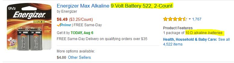 The Amazon.com description for a package of two 9 Volt batteries that also says "10 D alkaline batteries".