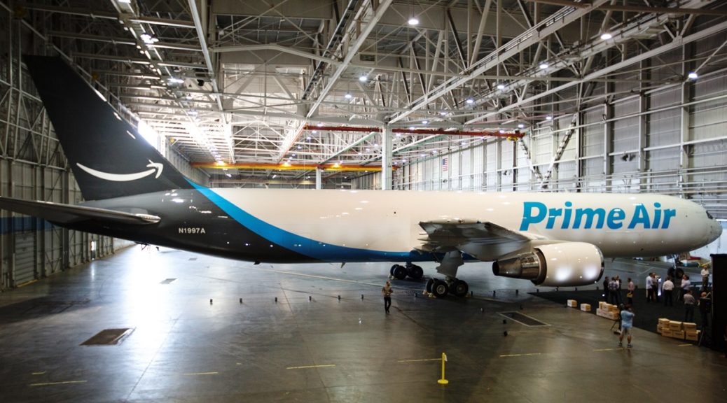 Amazon.com's first ever branded air cargo plane, called Amazon One, displayed in a hanger before flying over Seattle's annual Seafair festival.