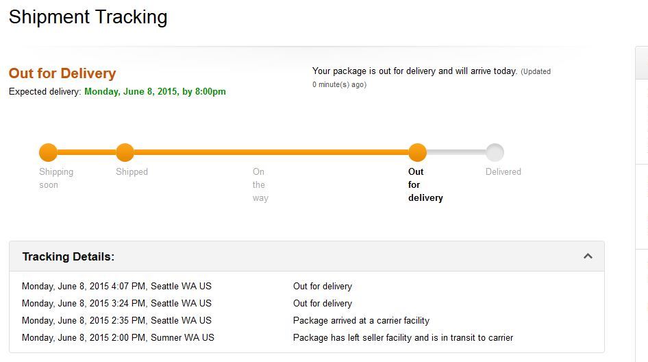 Tracking screen for a same-day order from Amazon.com that ultimately arrived the next day.