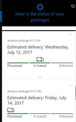 Cortana, part of Microsoft's Windows 10, tracks the progress of multiple Amazon package shipments.