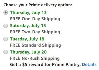Amazon Prime members can chose from a variety of shipping options that may include same-day, one-day, next-day, "Standard" and "No-Rush"