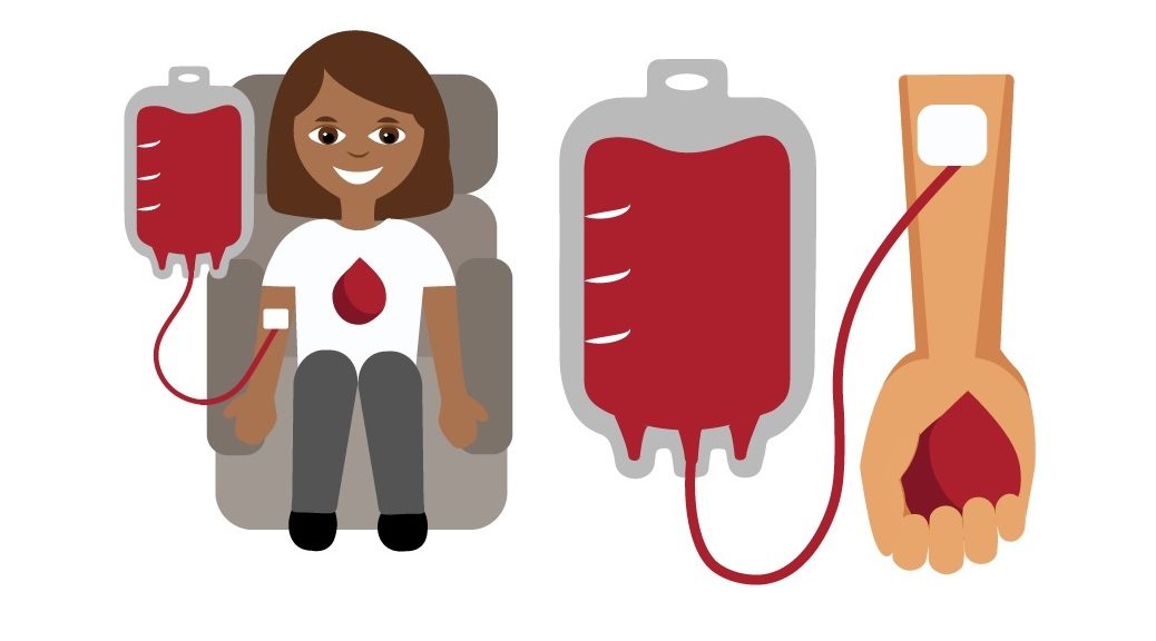 Two Blood Donor Emojis, one of a woman giving blood and one of just the arm of someone donating blood, from http://blooddonoremoji.com
