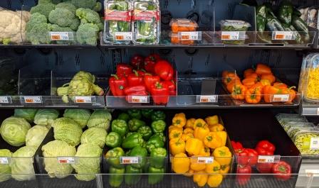 Bins of colorful bell peppers and other produce at the Amazon Go Grocery store in Seattle